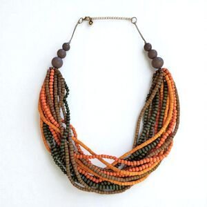 1946 Chunky Brown Wood Bead Bib Necklace Orange Green Brown Multi Strand 26"